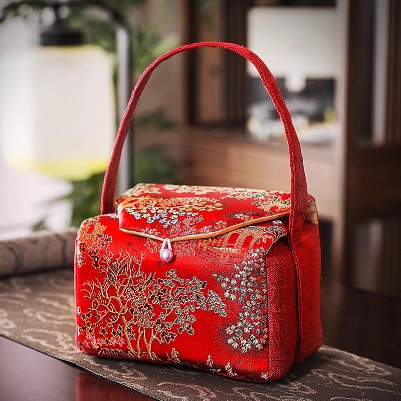 Printed Storage Bag with Cotton Lining, Small Travel Handbag Simple One-pot Two-Cup Set Teacup Bags