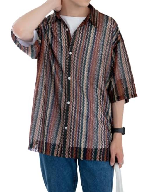 WEGO Mesh Big Short Sleeve Knit Sheer Layered Summer Size Pattern 1 Men's Shirt, Top, T-Shirt, Top, Clothes, Spring, Summer, Fall, Sweater, M,