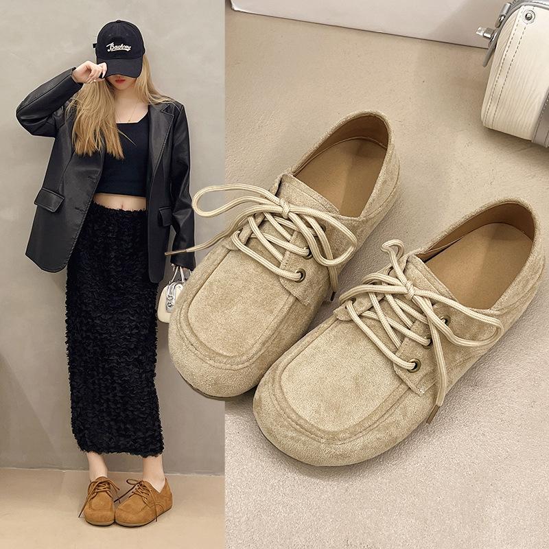 French loafer single shoes women's matte suede lace-up Oxford shoes not tired feet soft soles round head small leather shoes lace-up single shoes