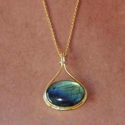 Natural Blue Labradorite Gemstone Pendant Necklace, Solid 925 Sterling Silver Pendant, Yellow Gold Pendant, Handmade Designer Jewelry, Boho Jewelry