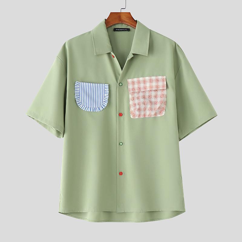 INCERUN Oversized Summer Men Lapel Neck Plaid Print Patchwork Buttons Casual Shirts