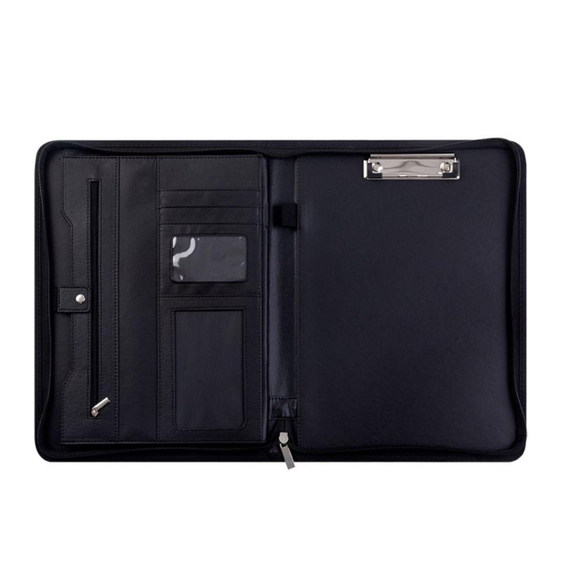 

Leather Conference Folder Zippered Business Document Case with Calculator Clipboard Multiple Pocket Card Holder Pen Slot чорний
