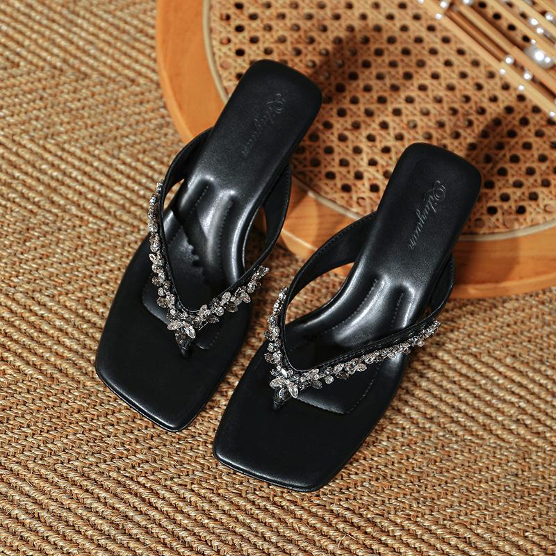 High-heeled Slippers Women's High-end Rhinestone Beaded Shoes 2025 New Summer Square-toed Herringbone Cool Slippers