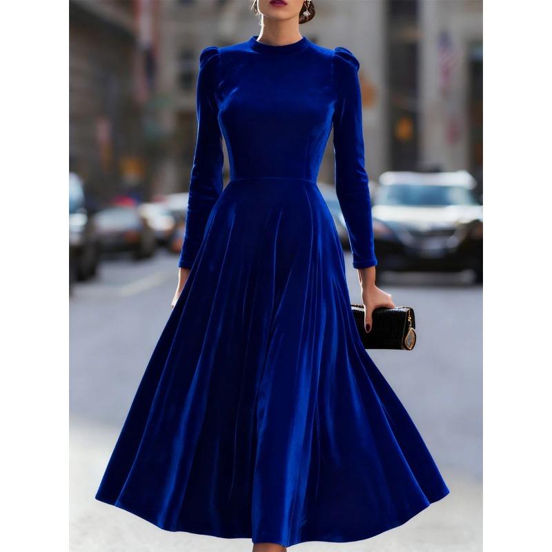 Women Velvet Round Neck Long Sleeve Casual Midi Swing Dress