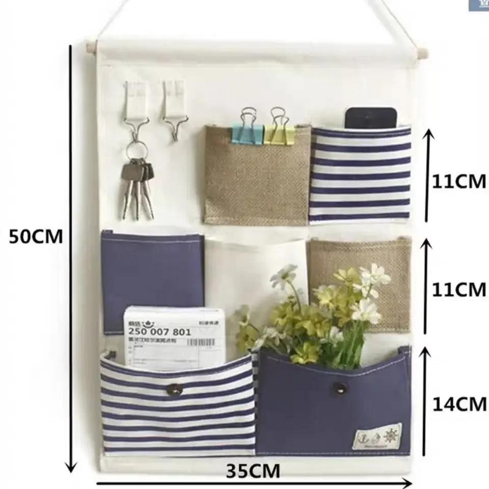 1pc Multi-pocket Hanging Bag Striped Cotton Linen Storage Pouch Wall-mounted Sundries Organizer for Home Shop