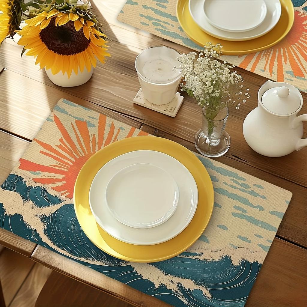 Vintage Sun and Wave Pattern Placemats - Set of 4, Polyester Rectangular Table Mats (12 x 18 Inches), Machine Washable, Ideal fo