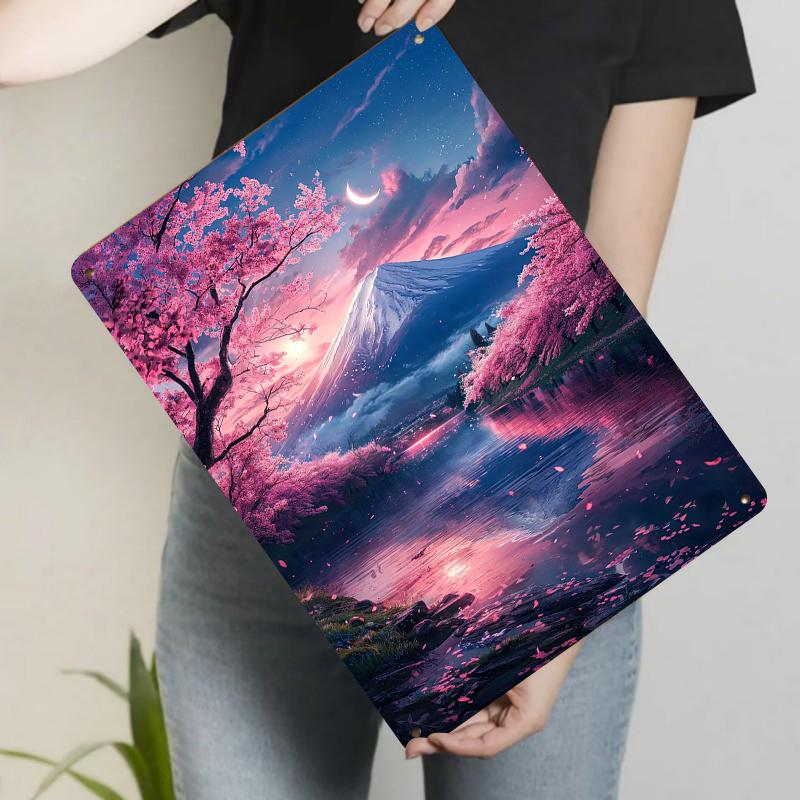 

Japanese Cherry Blossom Fuji Mountain Night View Metal Iron Painting Home Decor Wall Art for Living Room Bedroom 20x30cm（7.8x11.8inch）
