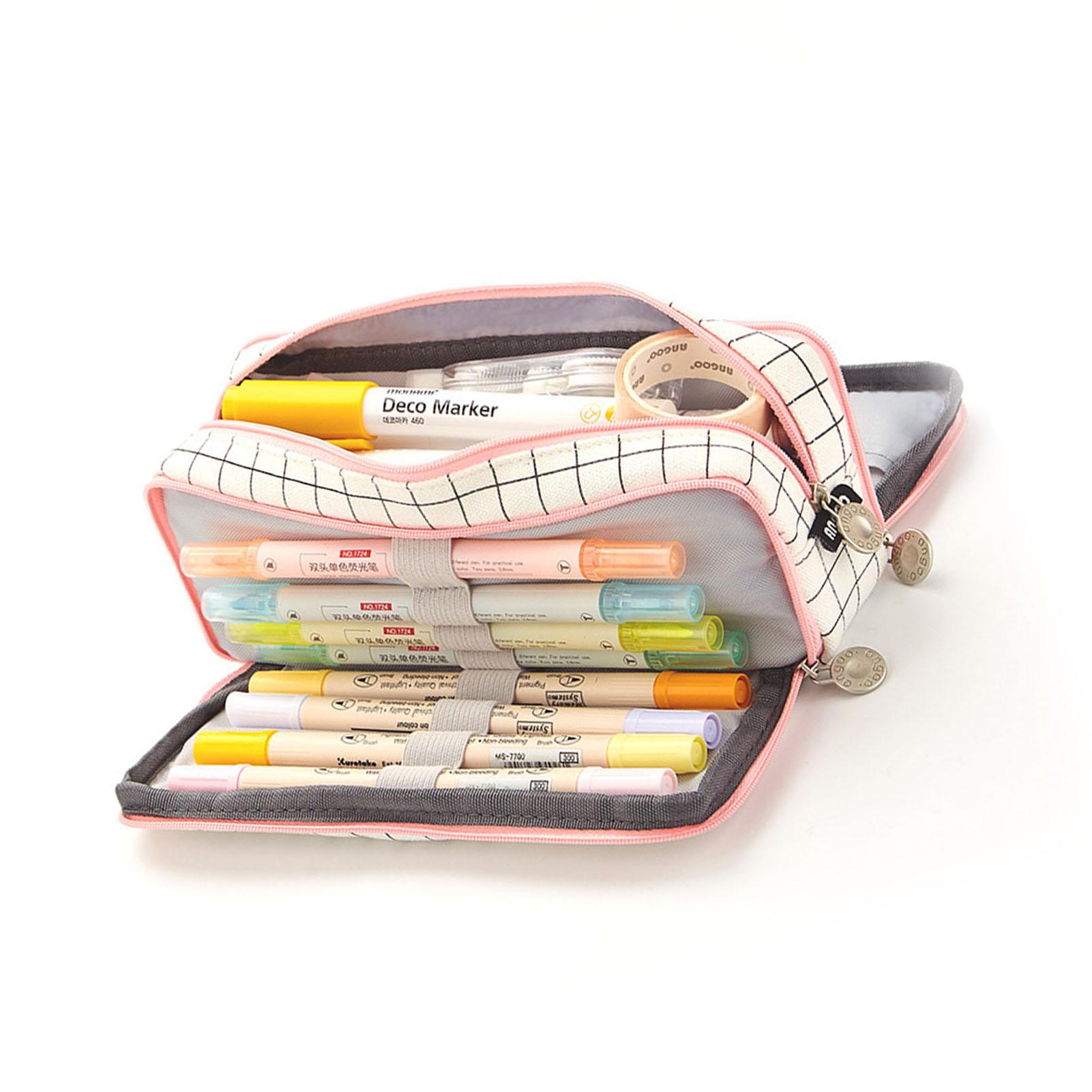 

Large Capacity Pencil Case Multi Pocket Double Opening Cute Stationery Bag for Student School Black White Big Grid