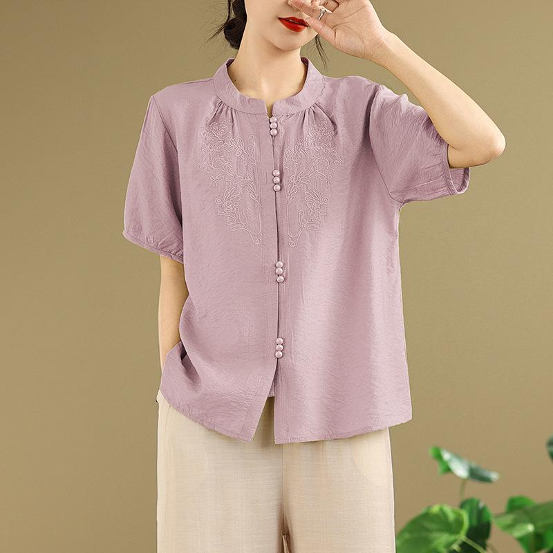 

2025 Summer Tencel Cotton Linen Short Sleeve Chinese Embroidery Top & Wide Leg Pants Set L
