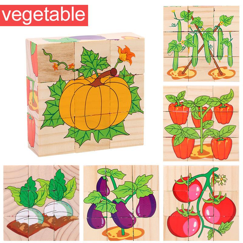 Quebra-cabeça de Madeira Seis Lados Pintados Tridimensional Trânsito Animal Quebra-cabeça Blocos de Construção Brinquedos Montessori de Educação Infantil TMZ