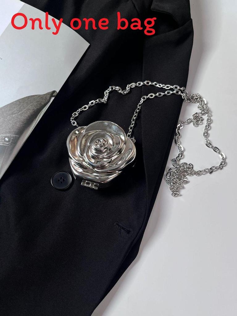 Metallic Rose Flower Mini Box Bag With Magnetic Closure For Daily Fashion Accessories