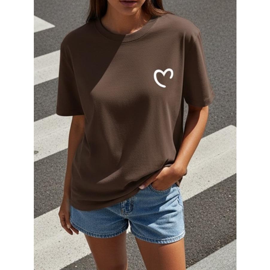 Spring and Summer Simple Round Neck Fashionable Loose and Versatile Casual Short Sleeved T-shirt Women's Top Printed with Love Pattern