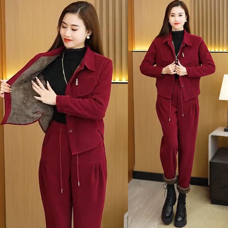 

Женский повседневный кардиган на флисовой подкладке и комплект спортивных штанов - стиль осень/зима 2025 3XL вино красного