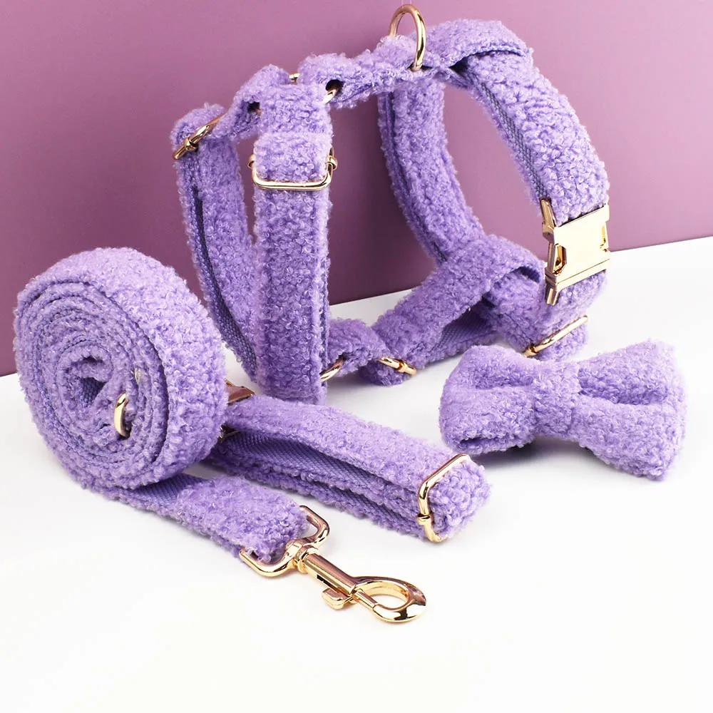 Soft Sherpa Fleece Dog Collar Leash Harness Set Adjustable Personalized Puppy Bowtie Collar for Small Large Dogs