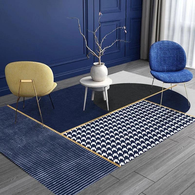 Blue Yellow Striped Geometric Area Rug Nordic Elegant Art Living Room Carpet Soft Non-Slip Bedroom Floor Mat Creative Decor