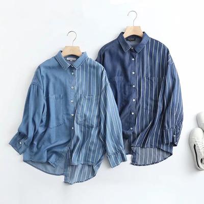 Summer Striped Patchwork Blusas Women Long Sleeve Shirt Work Casual Loose Blouse Pullovers Oversized