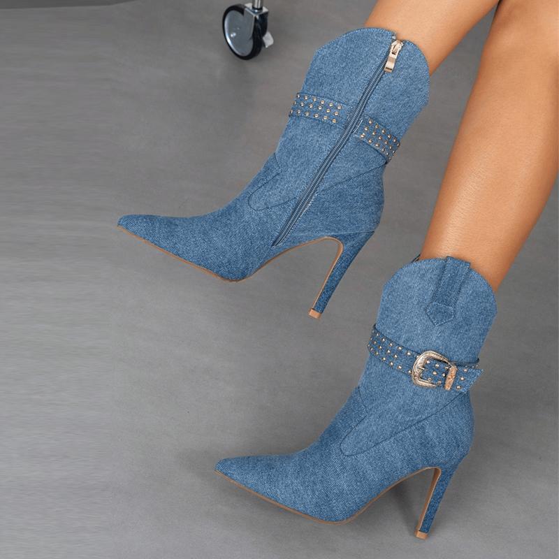 Fashion Liyke Western Style Cowboy Boots For Woman Fashion Rivet Belt Buckle Ankle Booties Pointed Toe Blue Denim High Heels Pumps Shoes