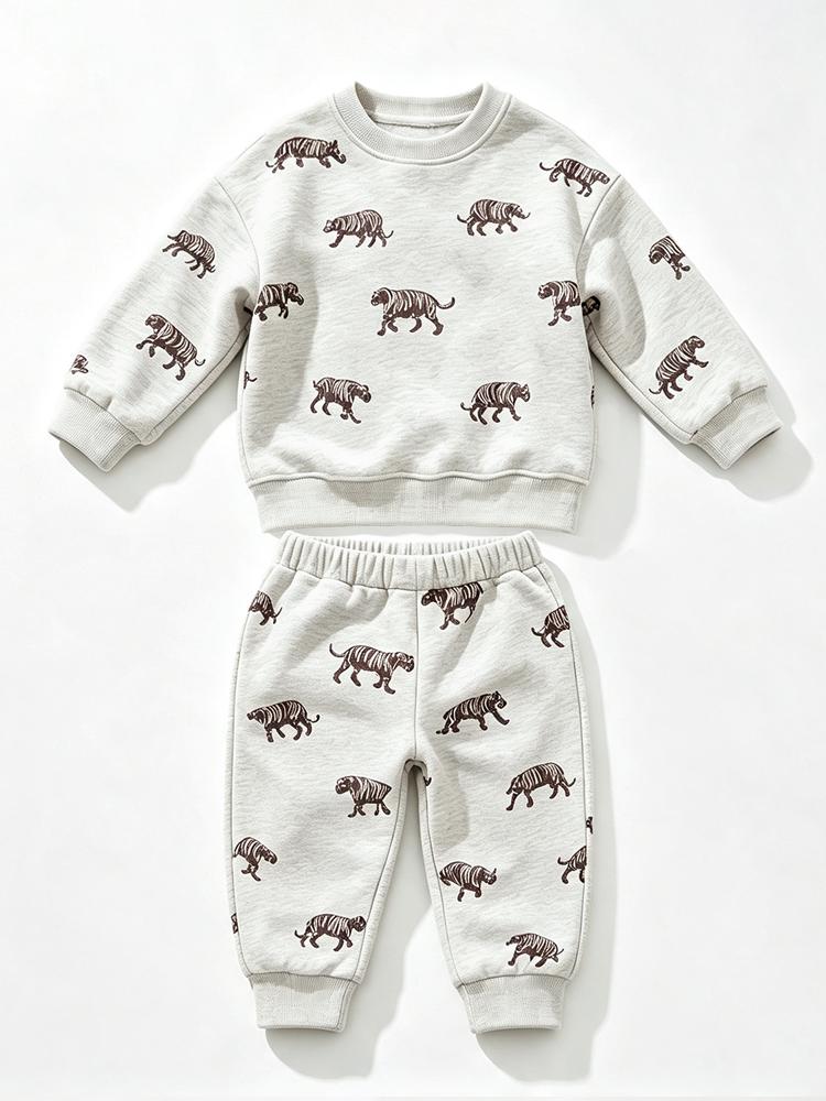 Warm Fleece Lined Baby Clothes Set Cute Round Neck Sweatshirt + Pant Kids Boy Girl Clothing