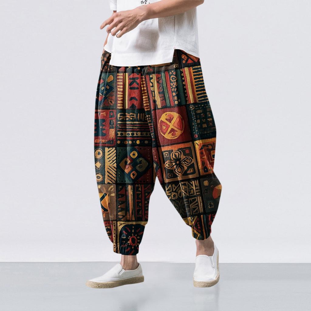 Ethnic Style Print - Casual Wide-leg Pants, Men's Loose Casual Pants