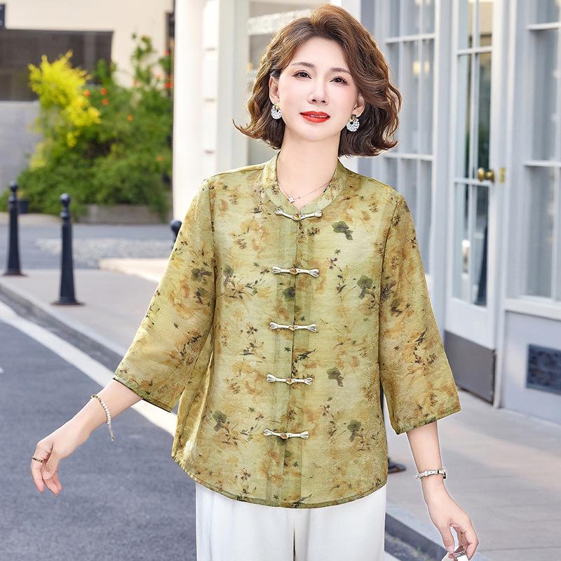 

Floral Summer Shirt for Middle-Aged and Elderly Women – Stylish Tang Suit 3XL (115-130 jin) трава зеленый