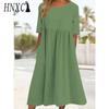 HNXC Women's Fashion Summer Spring Solid Color Print Short Sleeve O-Neck High Waist Casual Dresses