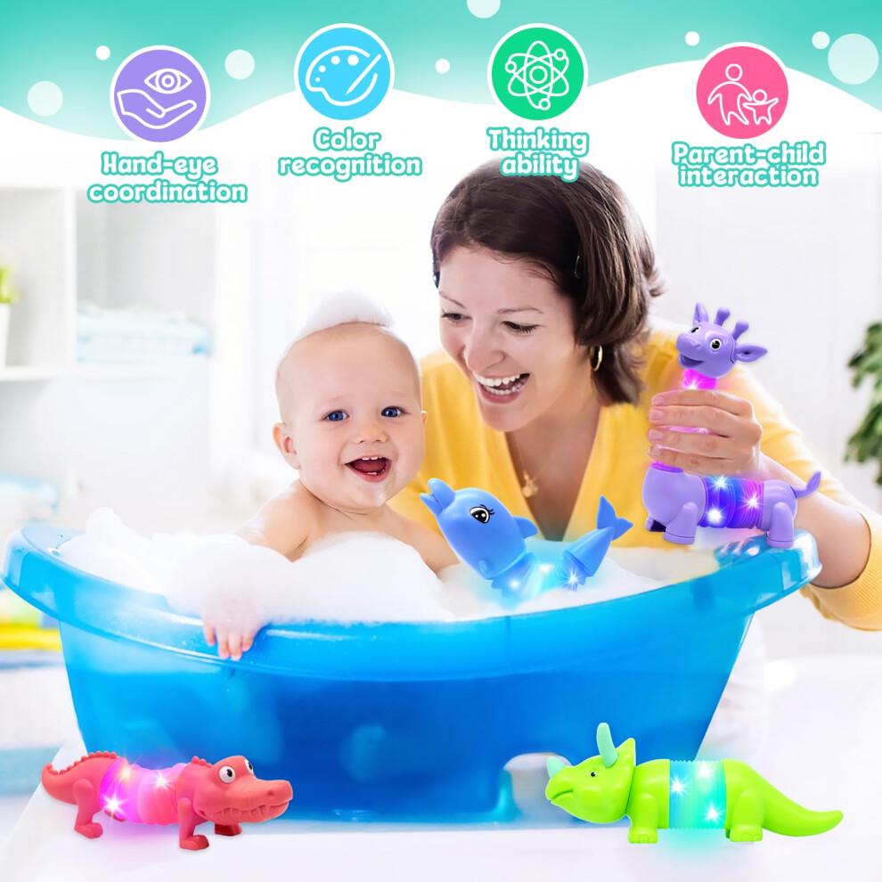 DELEE Bath Toys 4Packs Animal Shaped Pop Tubes Baby Bath Toys with LED Lights Floating Swimming Water Toys,Perfect for Bath Time Fun,Travel,Pool