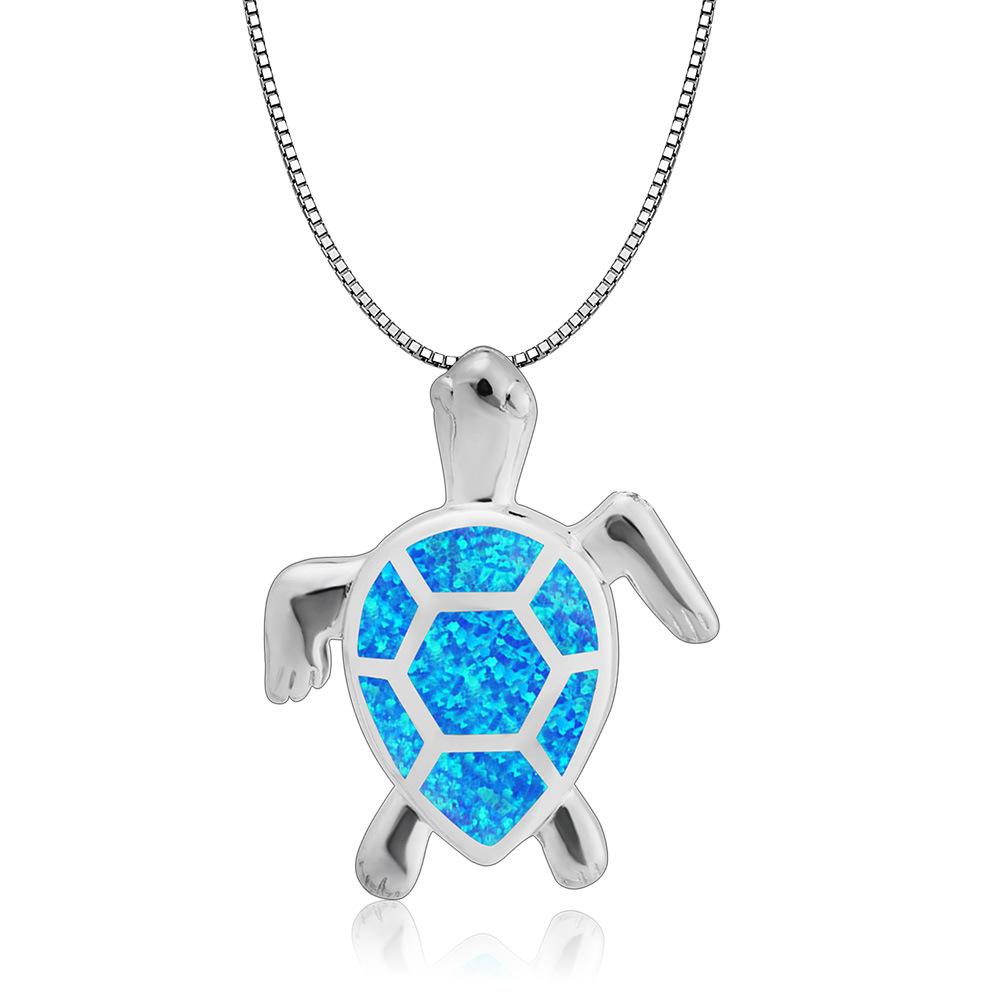 Aobao Blue Opal Turtle Necklace Chain Christian Silver Plated Women's Fashion Pendant Gift Jewelry