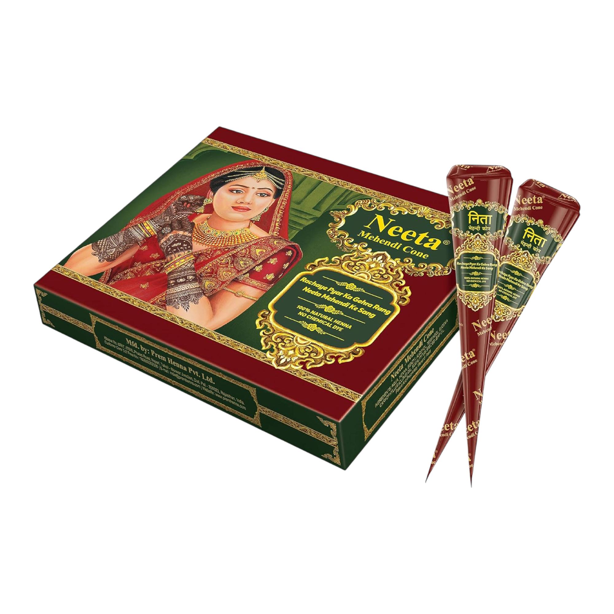 

Набір із 12 конусів для мехенді Neeta, індивідуальні конуси для рук і весільних візерунків, натуральні конуси з хни для весільного боді-арту