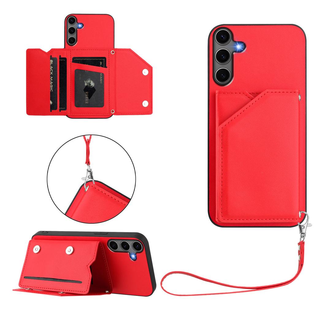 For Samsung Galaxy S25+ Case Card Holder Kickstand Skin-Touch Phone Cover with Wrist Strap