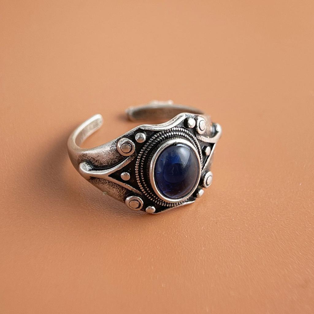 925 Sterling Silver Rings for Women Couple Minimalist Handmade Simple Retro Blue Stone Ring Fine Jewelry Gift Prevent Allergy
