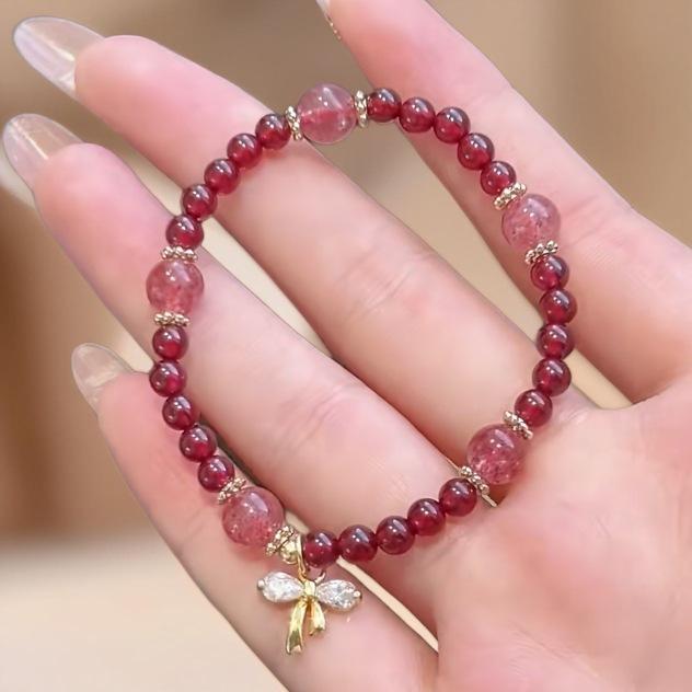 Gold-Plated Natural Garnet Flower Bracelet: Korean Design, Light Luxury, Versatile Crystal Bead