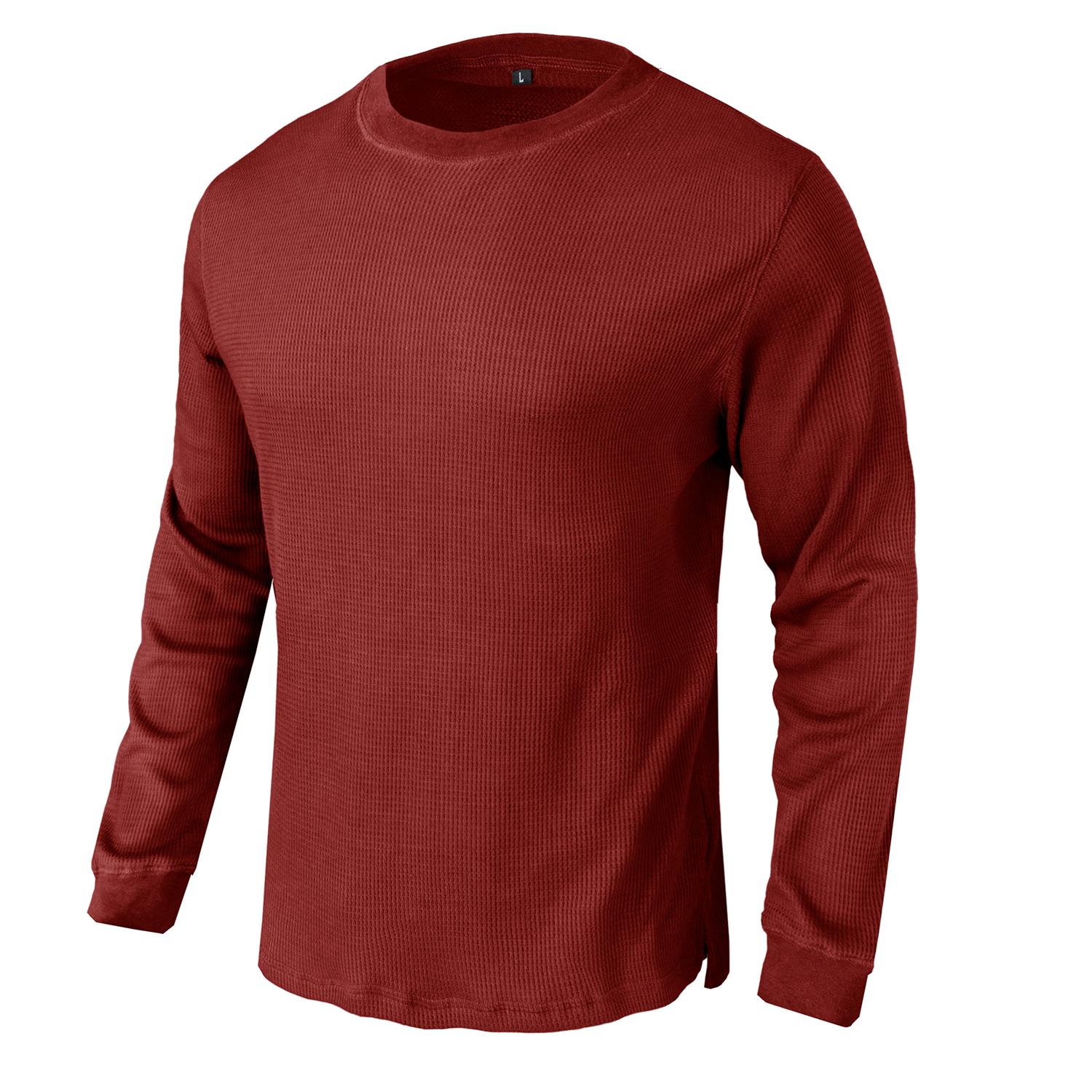 

Мужские пуловеры, футболка с вафельным рисунком и длинными рукавами, рубашки с круглым вырезом, удобная базовая майка, свободная посадка, повседневная теплая одежда S бордовый