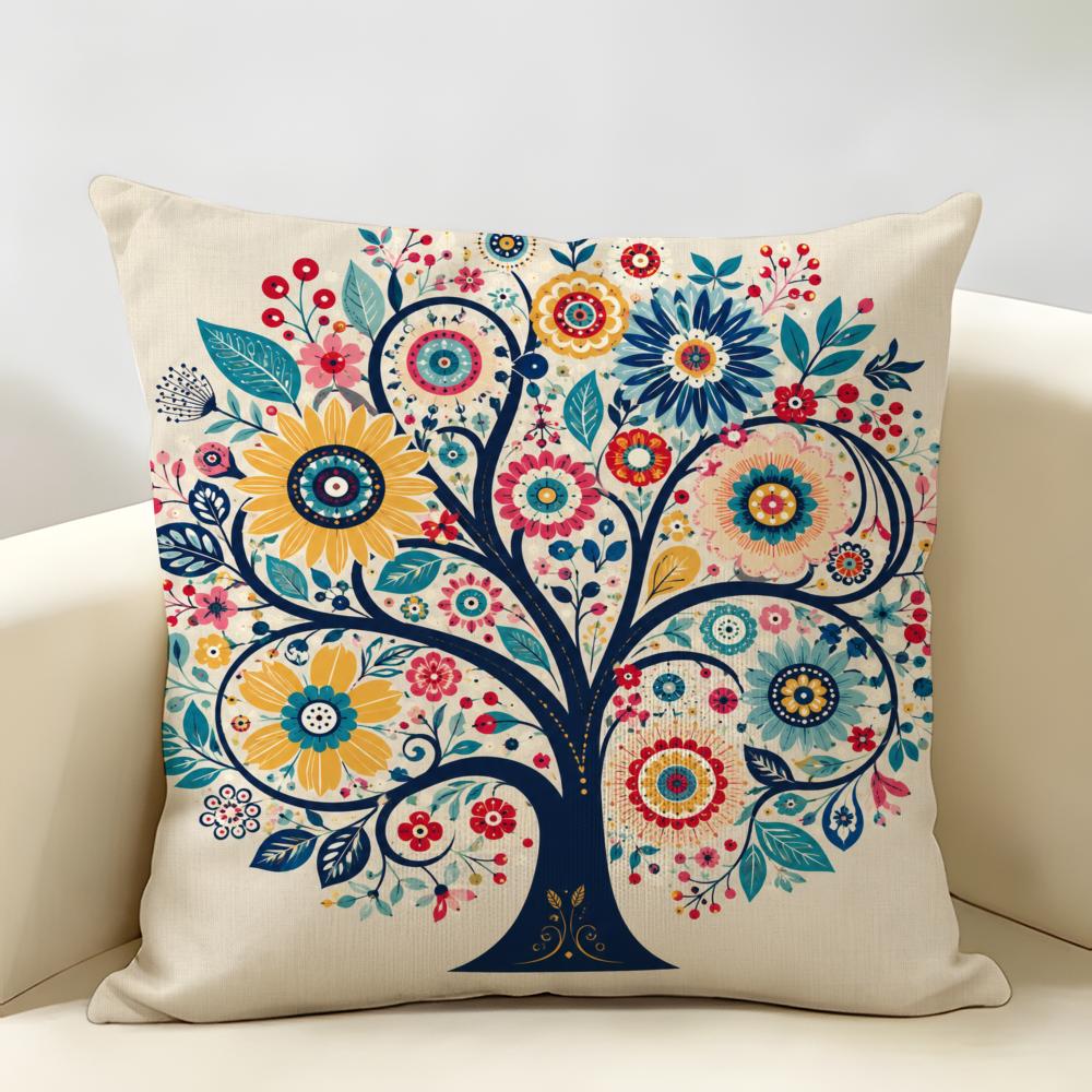 Boho Floral Tree Of Life Cushion Cover Durable Hypoallergenic Organic Linen Short Pillow Cover Washable