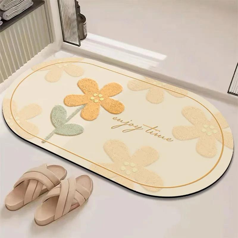 Bathroom Diatom Mud Absorbent Mat Household Fresh Flower Anti-Slip Easy Scrub Mat Bedroom Bedside Bathroom Door Mat