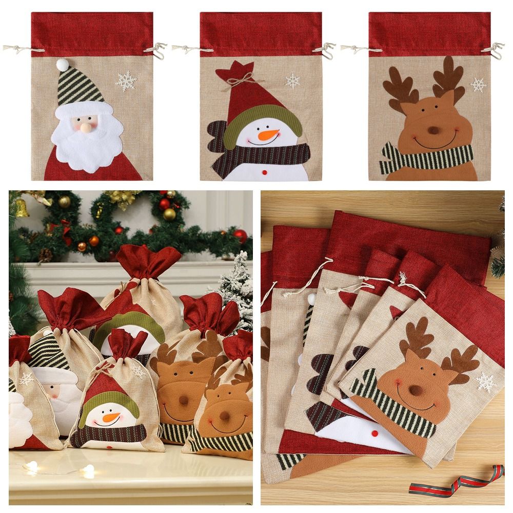 Cartoon Santa Snowman Deer Christmas Gift Bag Dimity Two Sizes Christmas Apple Bag Large Capacity Multicolor