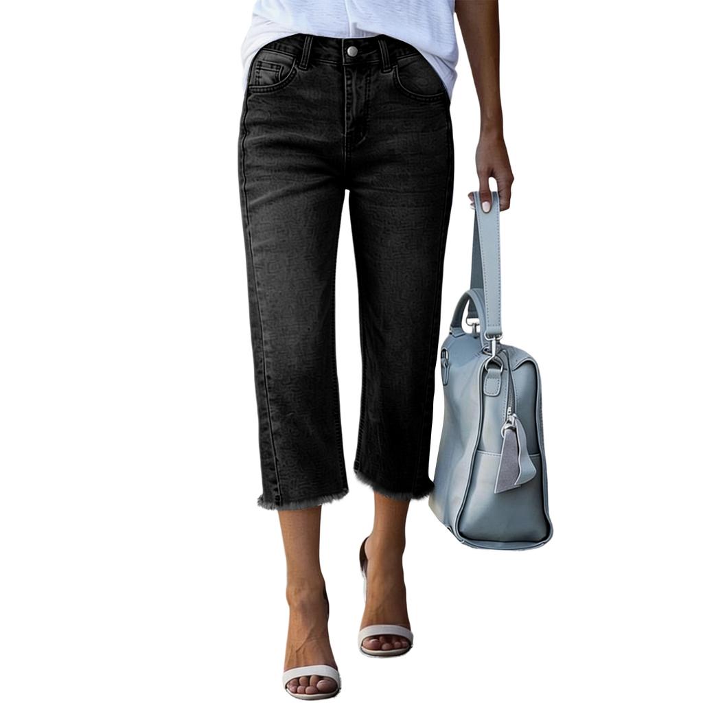 Pantalon Court Mode Taille Haute Classique Polyvalent en Denim pour Femmes