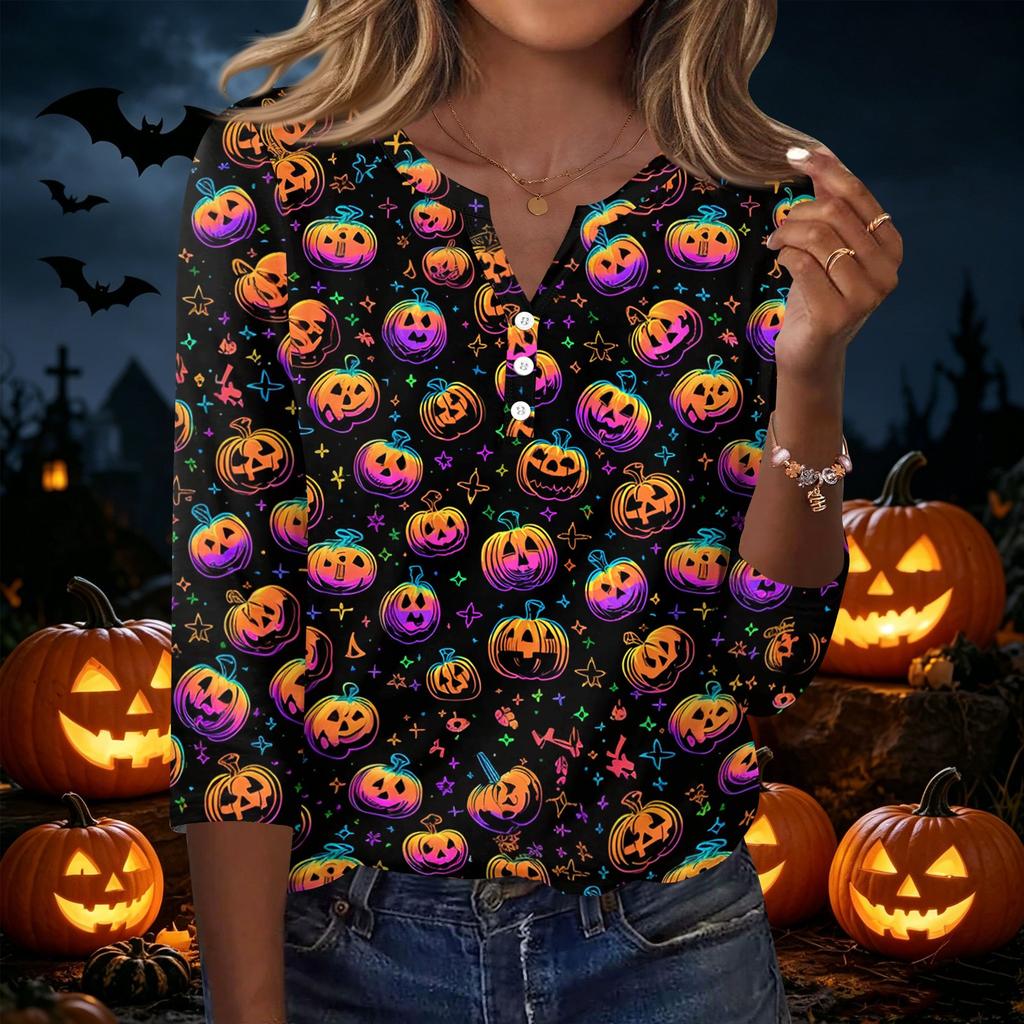 Women's Casual Halloween Print V Neck Button Front Three Quarter Sleeve T Shirt Top for Fall Seasonal Wear
