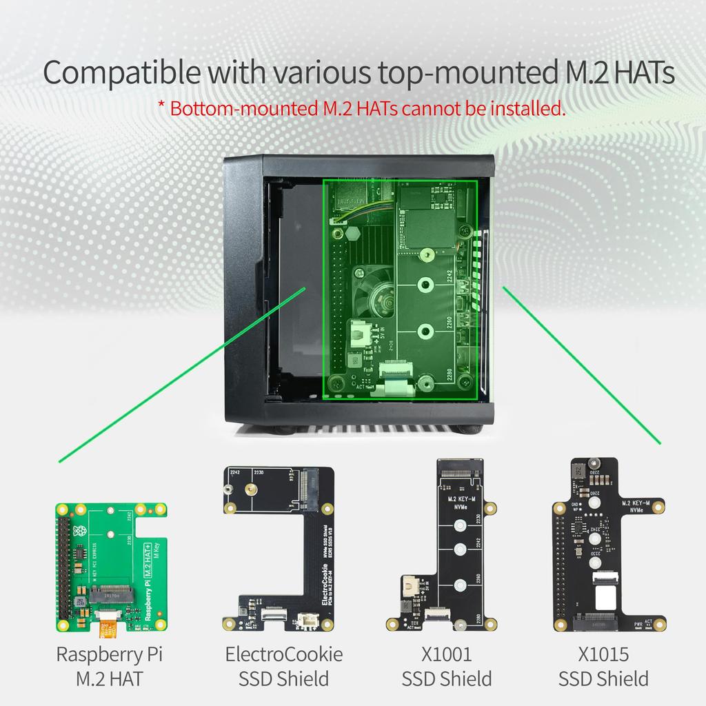 ElectroCookie Mini PC Case for Raspberry Pi 5 NVMe SSD PCIe HAT Active RGB Lighting Cooler Case HAT M.2 & (Black + M.2 [ECR5 SSDS])