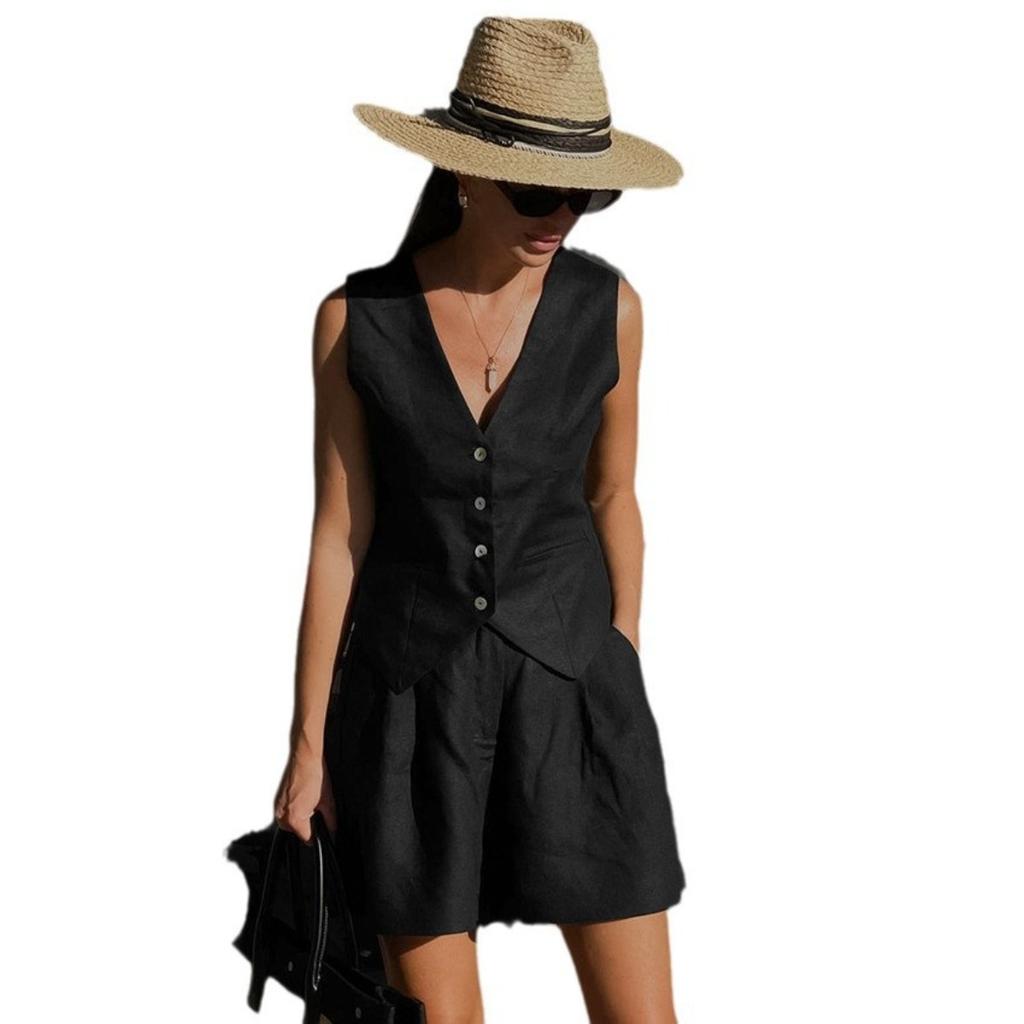 Women's Loose Fit Two Piece Co-ord Set Sleeveless Linen Vest High Waist Bermuda Shorts Suit