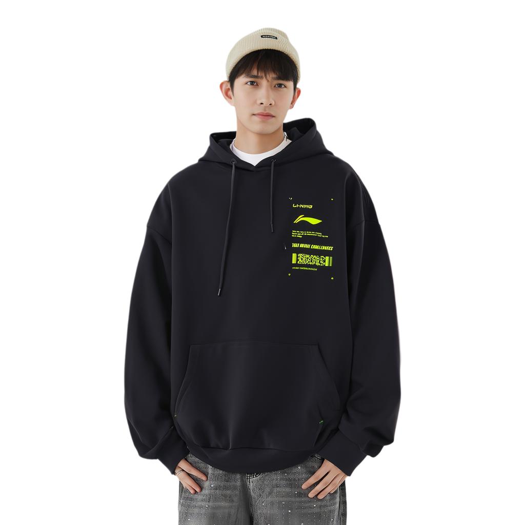 Li Ning Sports Fashion Series Logo Print Loose Hoodie Long Sleeve Sweatshirt Unisex Sweatshirt Black AWDS535-1