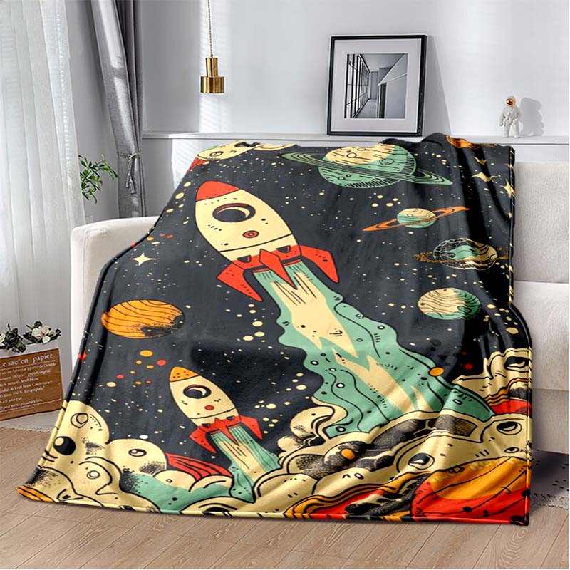 Space Astronaut Flannel Blanket, Soft Warm Throw with Cartoon Spaceman & Planet Print for Kids Bed Sofa, Cozy Bedding for Boys