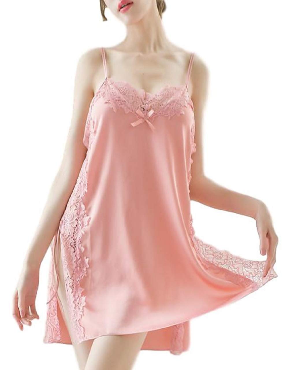 

ROKAROKA Комбинация-бэбидолл из сатина с кружевом, ночная сорочка женское нижнее белье, с боковым разрезом (Розовый, Л) розовый