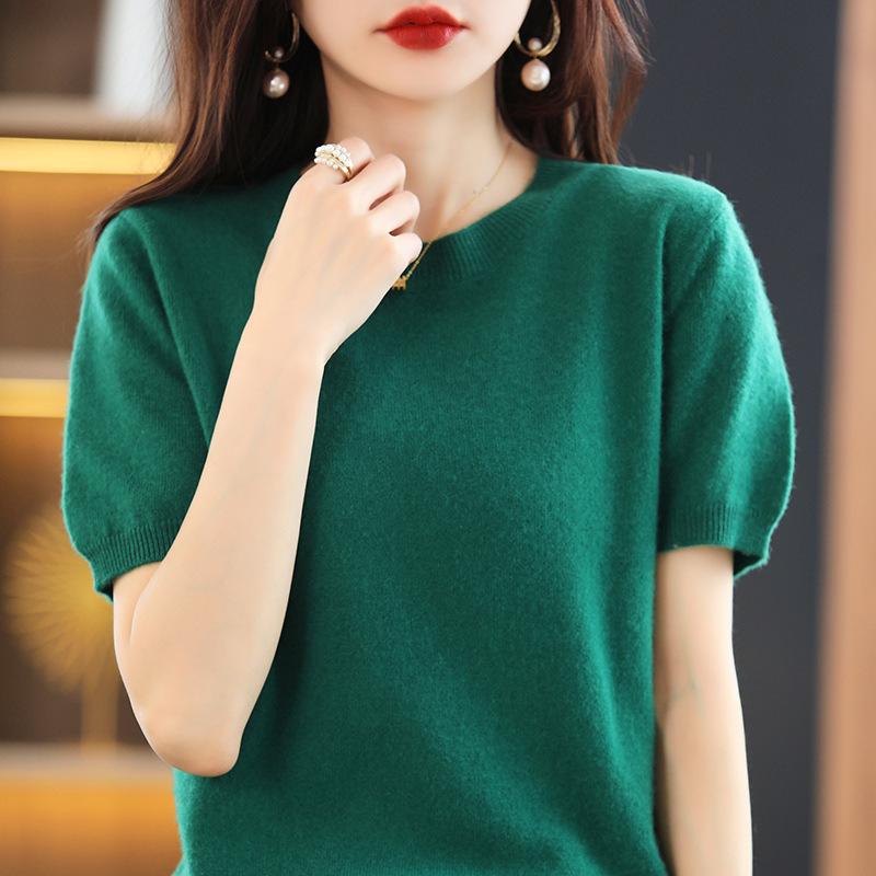 

INDFS Женская мода повседневная осень-зима однотонный принт короткий рукав О-образный вырез свитера XXL изумрудный