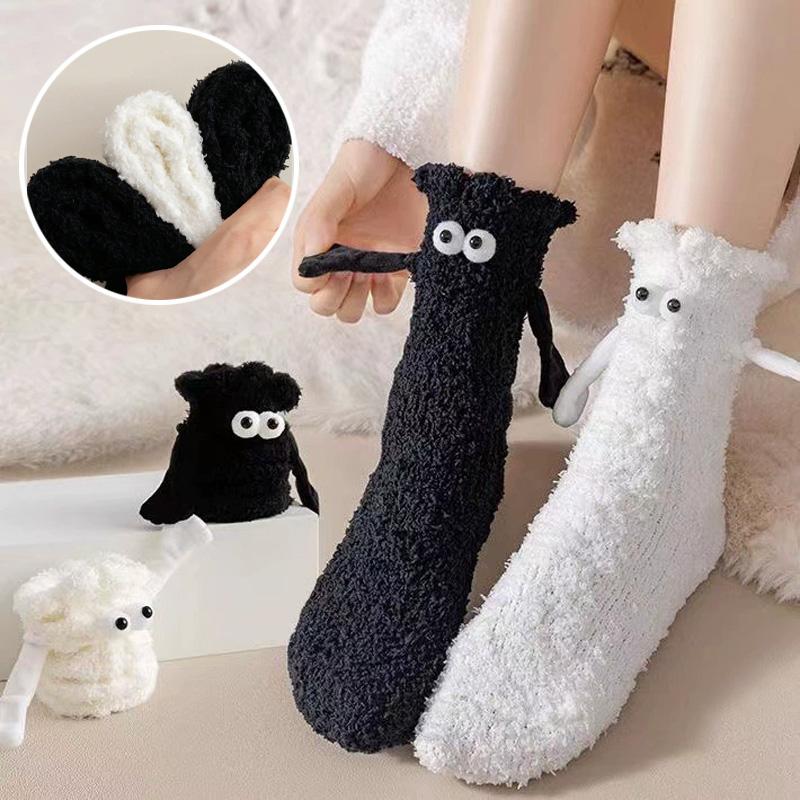 1 Pairs Couples Socks Plush Coral Fleece Thick Big Eyes Cartoon Floor Sleep Socks 3D Attracted Hands Magnetically