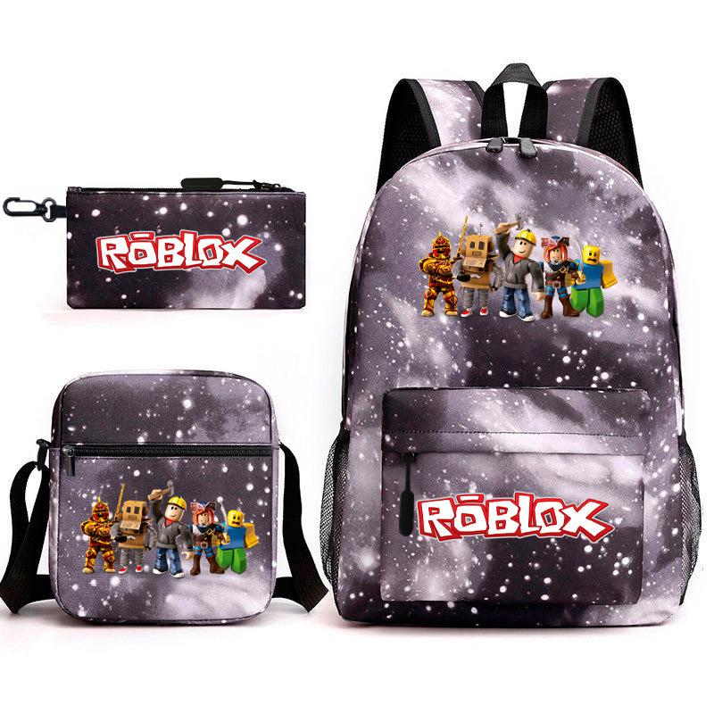 Mochila escolar de grande capacidade com alça de ombro; conjunto de estojo de lápis de três peças para estudante
