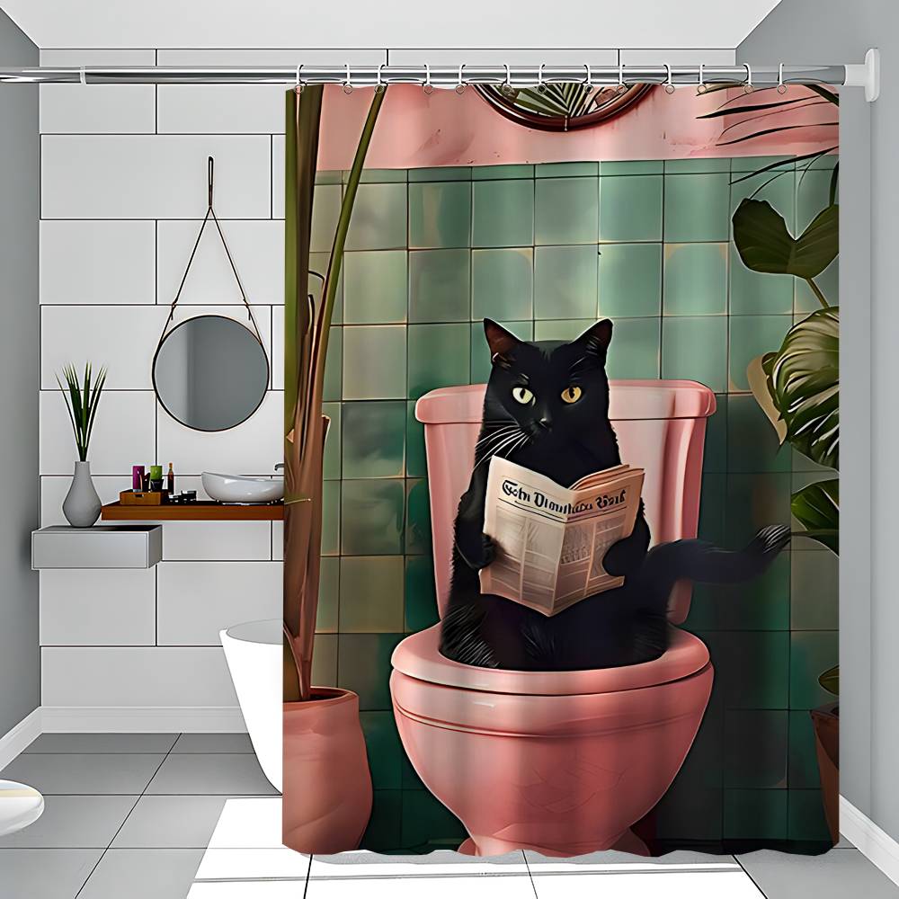 Bathroom Cat Reading On Toilet Shower Curtain - Water-Repellent And Leak-Resistant, Mold And Mildew Resistant For