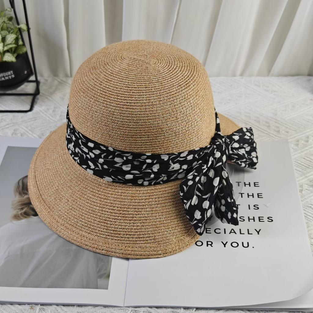 New straw hat women's summer travel sun hat back opening floral bow bucket hat straw woven wide brim sun protection hat