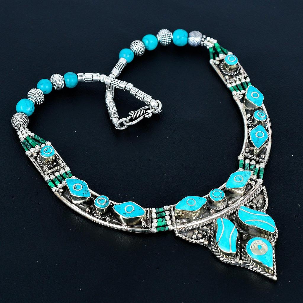Turquoise 925 Sterling Silver Necklace Tibetan Silver Necklace Bohemian Antique Necklace Handmade Jewelry Nepali Necklace Gift For Wife