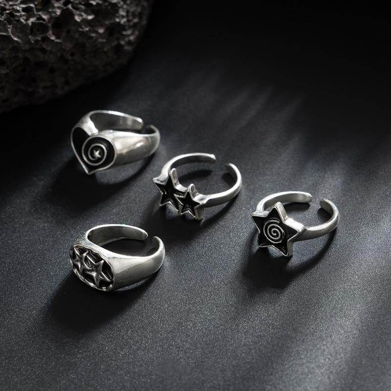 Europäisches und Amerikanisches Schwarzes Drip Oil Pentagramm Offener Ring Set für Männer Jungen Hip-Hop Herz Faden Persönlichkeitsring Gothic Schmuck