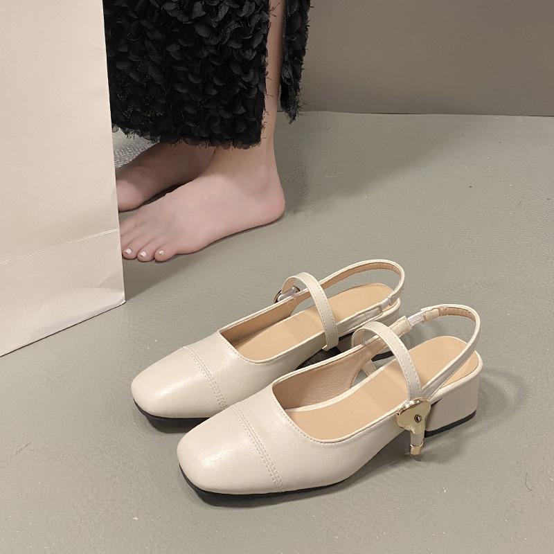 Baotou sandals women's summer 2025 new temperament thick heel one-word buckle with skirt silver Mary Jane sandals